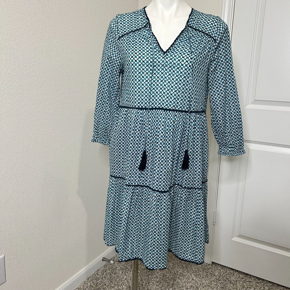 Sundance Eternal Summer Dress Small Blue Cotton Tiered Boho Tassel Peasant